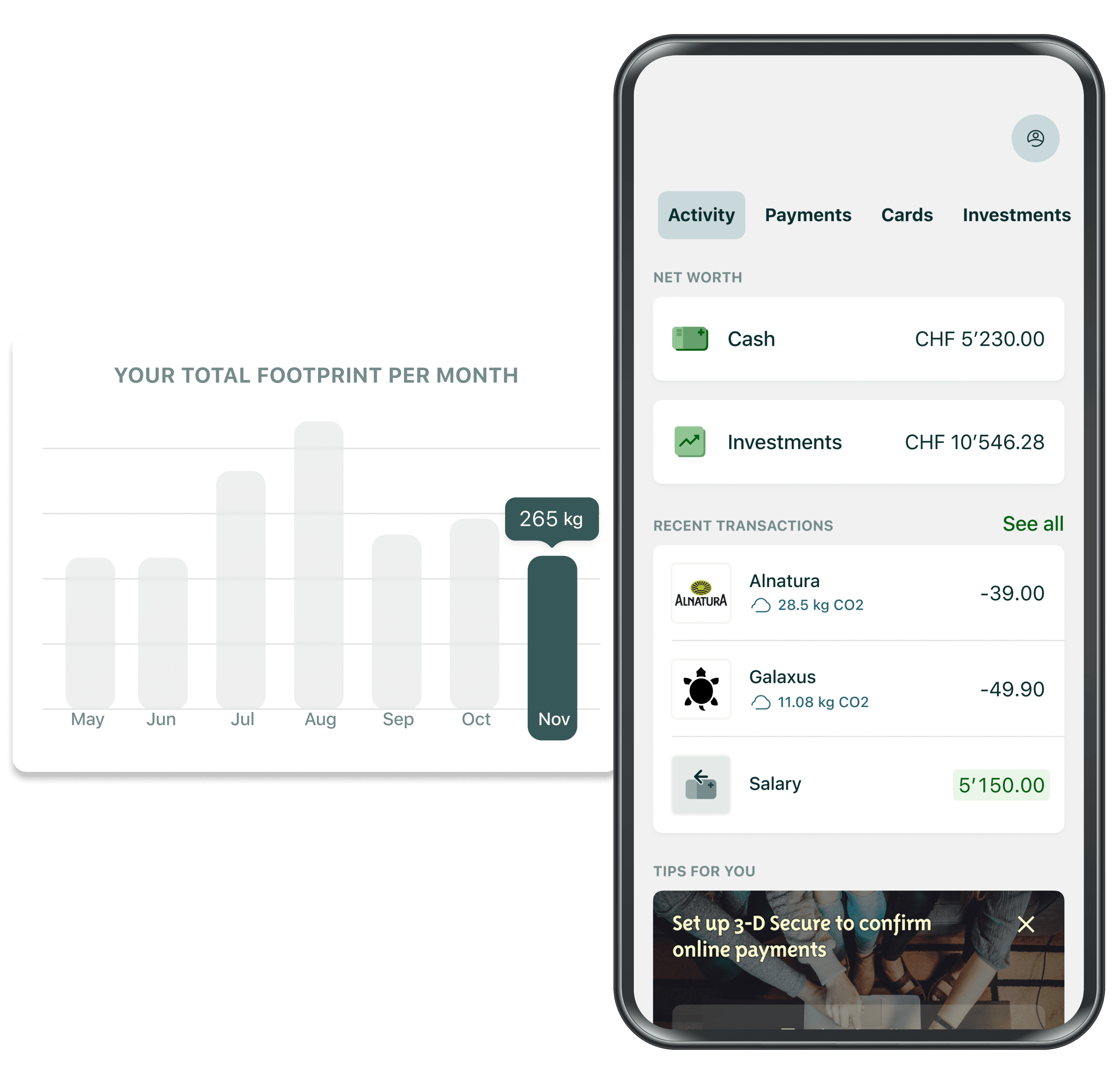 Your account shows you what impact your purchases and payments have on CO₂ emissions